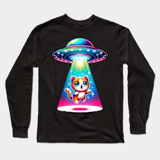 Funny UFO Abducting Chibi Cat Kawaii Cute Cartoon Long Sleeve T-Shirt